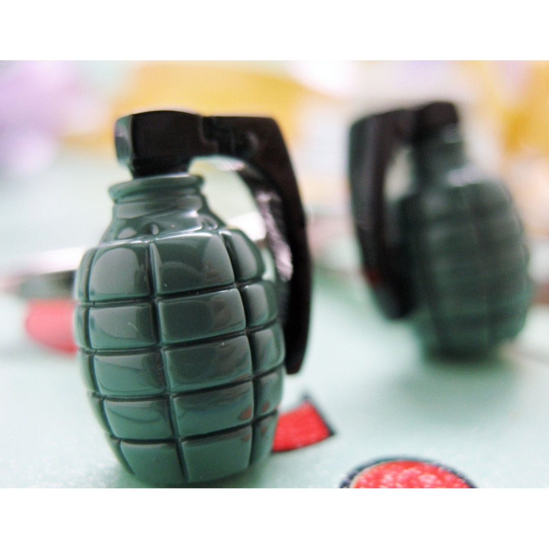 Hand Grenade Cufflinks 3D Army Green Jewelry Cuff Links Image 2