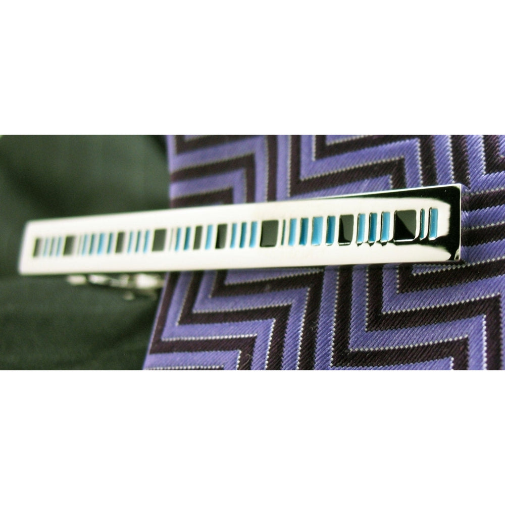 Blue Black Silver Keyboard Stripes Tie Bar Silver Black Blue Inlays Men Tie Clip stocking stuffer Image 2