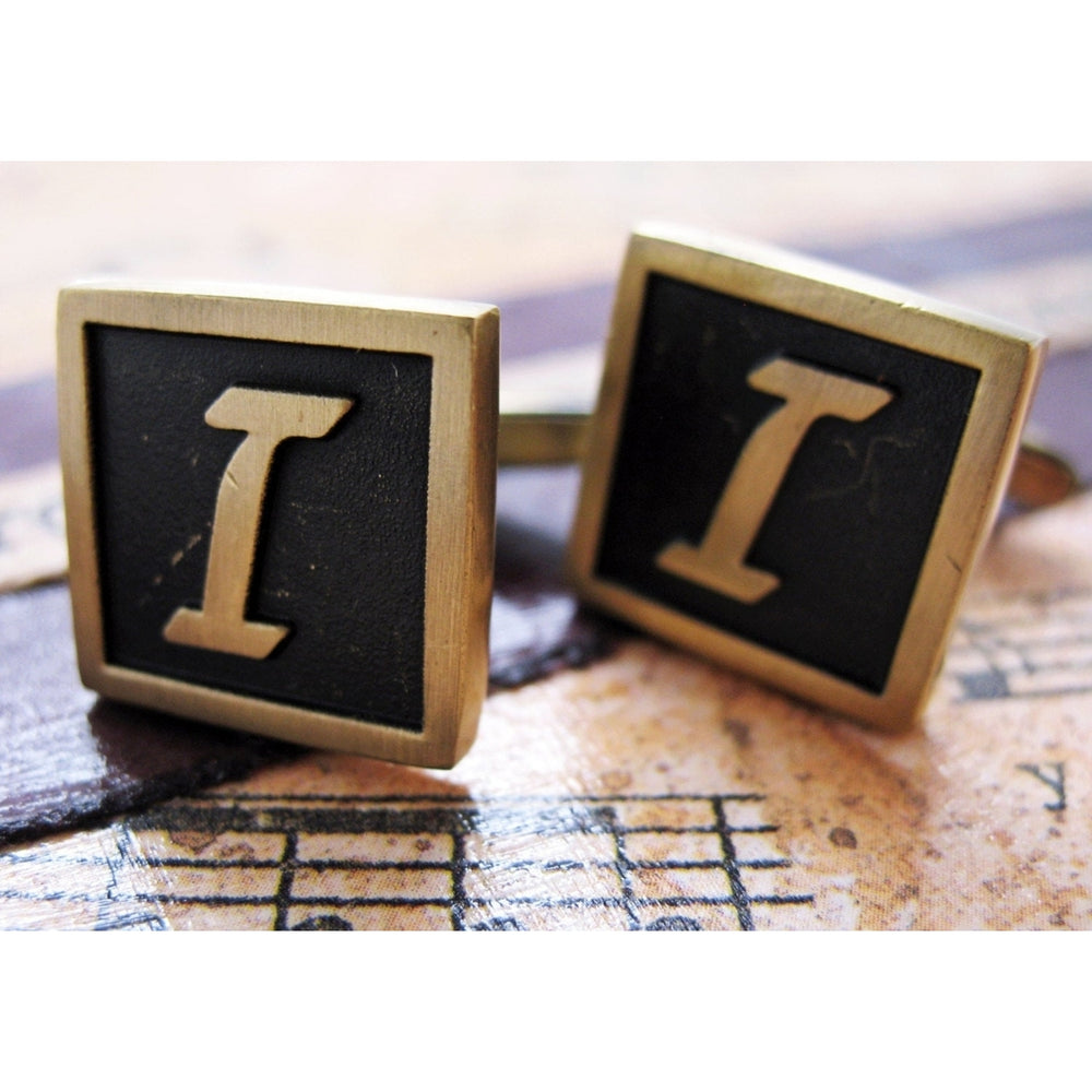 I Initial Cufflinks Antique Brass Square 3-D Letter I Vintage English Lettering Cuff Links Groom Father Bride Wedding Image 2