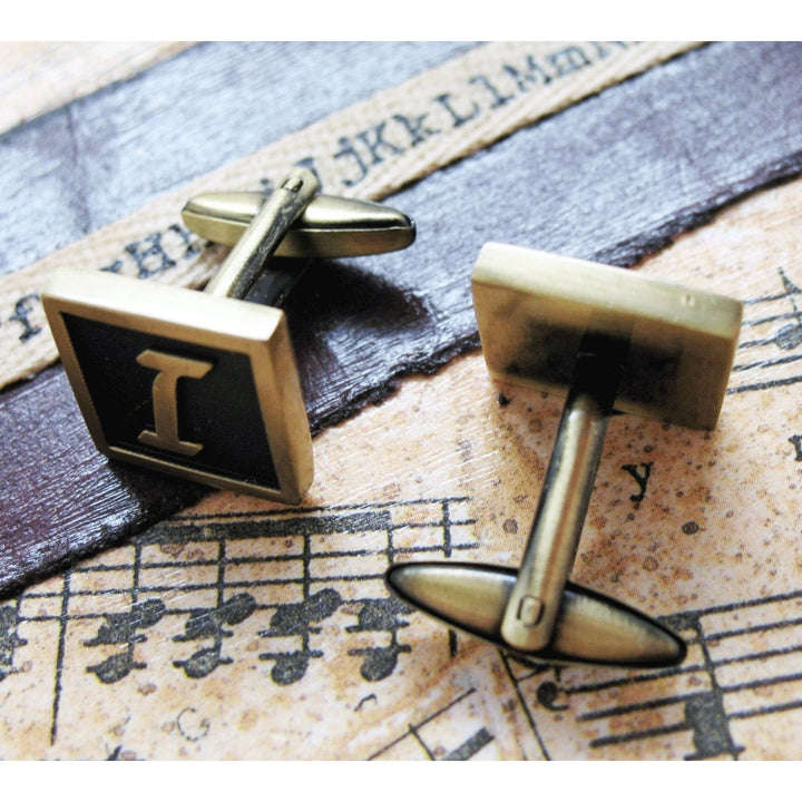 I Initial Cufflinks Antique Brass Square 3-D Letter I Vintage English Lettering Cuff Links Groom Father Bride Wedding Image 3