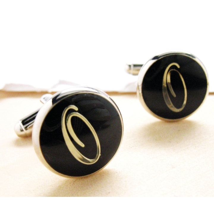 O Cufflinks Silver Toned Round Black Enamel Script Letters Personalized Wedding Cuff Links Gift Box Fathers Day Marriage Image 1