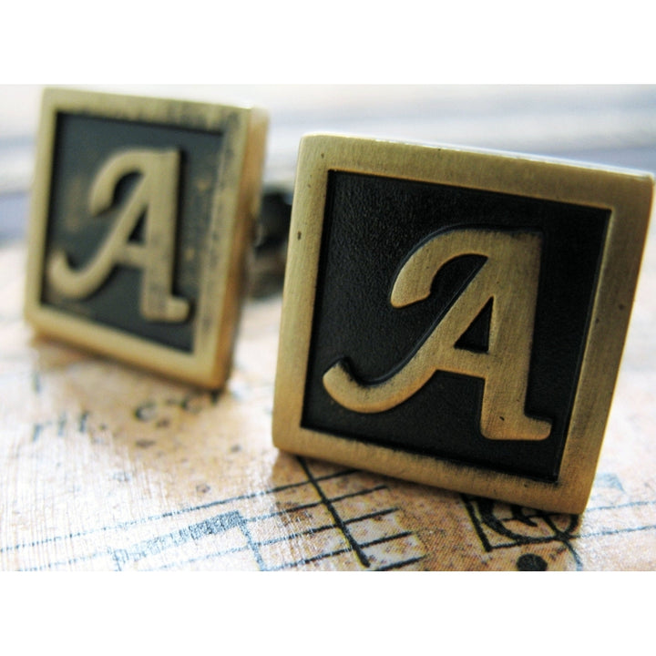 A Initial Cufflinks Antique Brass Square 3-D Letter A Lettering English Vintage Cuff Links Groom Father Bride Wedding Image 3