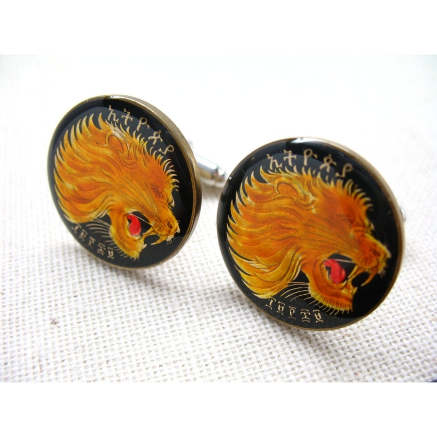 Birth Year Birth Year Enamel Cufflinks Lion Africa Ethiopia Yellow and Black Hand Painted Enamel Coin Jewelry Cuff Links Image 1