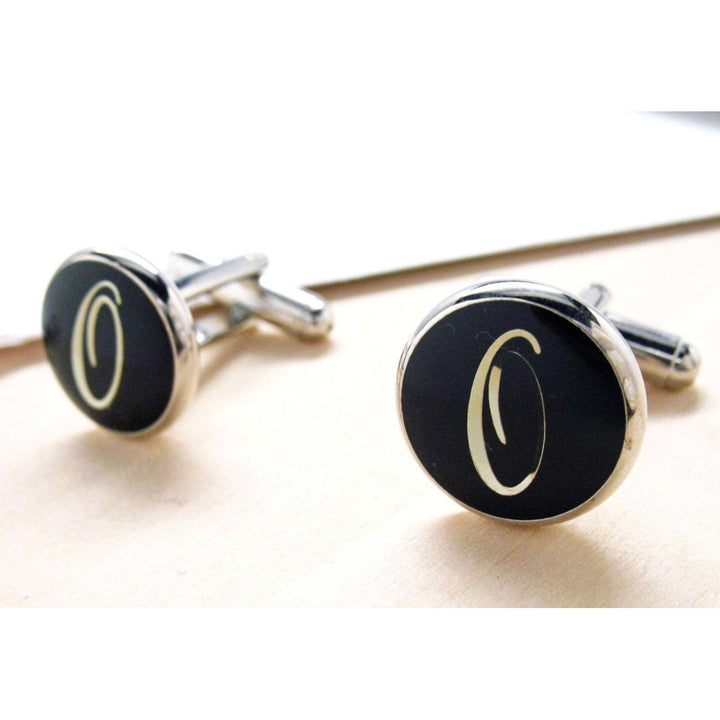 O Cufflinks Silver Toned Round Black Enamel Script Letters Personalized Wedding Cuff Links Gift Box Fathers Day Marriage Image 3