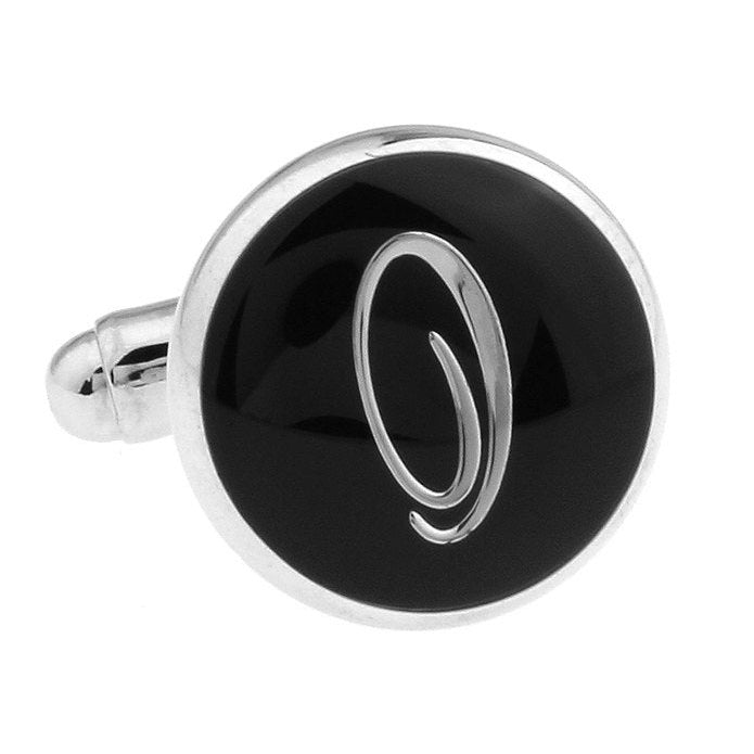 O Cufflinks Silver Toned Round Black Enamel Script Letters Personalized Wedding Cuff Links Gift Box Fathers Day Marriage Image 4