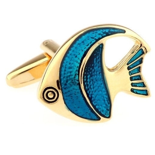 Gold Turquoise Colored Angelfish Saltwater Fish Ocean Reef Cufflinks Cuff Links Image 2