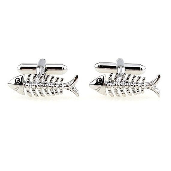 All Over Silver Tone Skinny Bones Fish Cufflinks Skeletal Anthropology Cuff Links Image 2