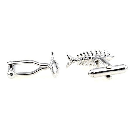 All Over Silver Tone Skinny Bones Fish Cufflinks Skeletal Anthropology Cuff Links Image 3