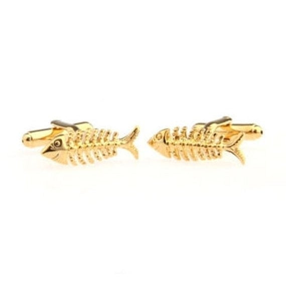 Gold Fish Cufflinks Skinny Bones Fish Cufflinks Skeletal Anthropology Cuff Links Image 2
