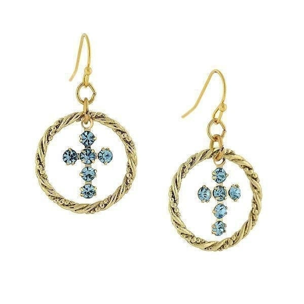 Gold Cross hoops Aqua Blue Shimmering Crystals  Religious Faith Collection Jewelry Image 1