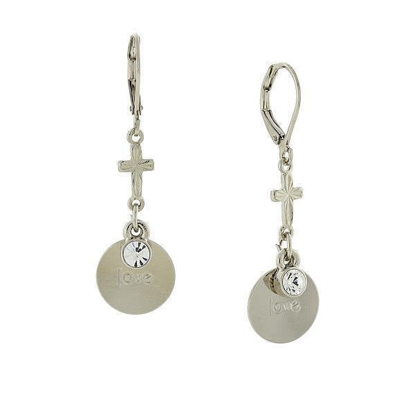 Earrings Silver Cross Earrings Crystal Drop Etched with Mantra "Love" "Peace" "Hope" "Believe" Religious Faith Image 1