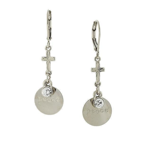 Earrings Silver Cross Earrings Crystal Drop Etched with Mantra "Love" "Peace" "Hope"  "Believe" Religious Faith Image 3