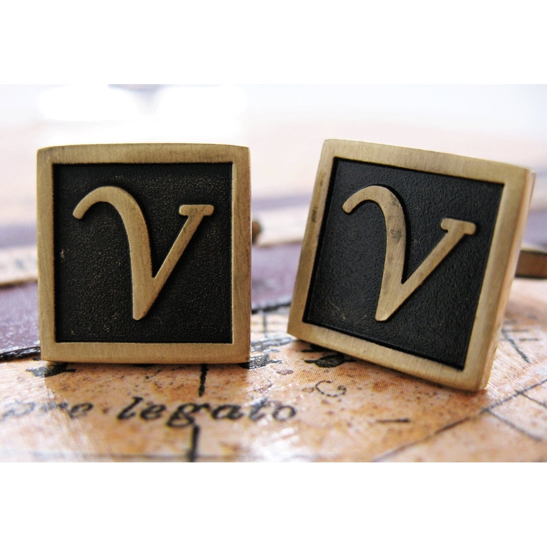 V Initial Cufflinks Antique Brass Square 3-D Letter Vintage English Lettering Cuff Links Groom Father of Bride Wedding Image 1