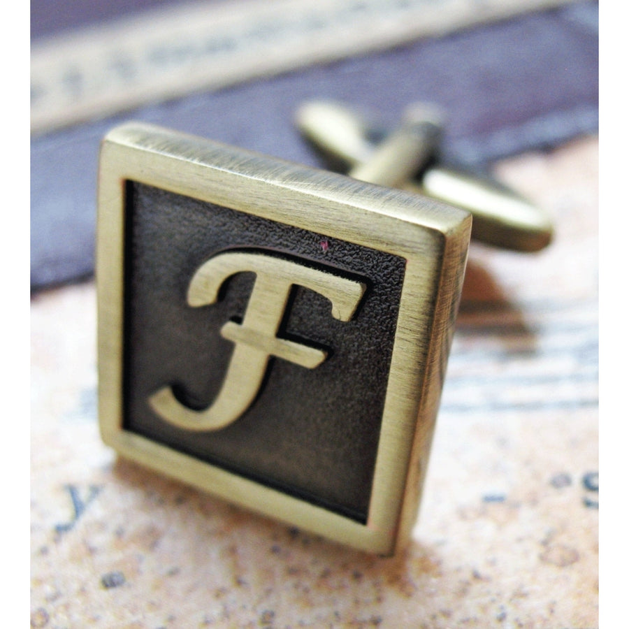 F Initial Cufflinks  Antique Brass Square 3-D Letter F Vintage English Lettering Cuff Links for Groom Father of the Image 1