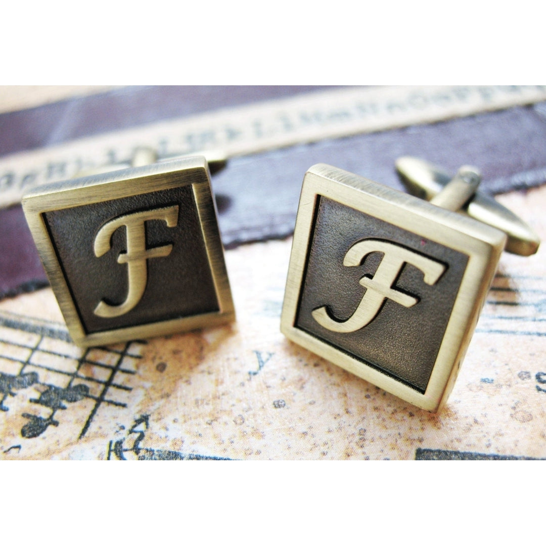 F Initial Cufflinks  Antique Brass Square 3-D Letter F Vintage English Lettering Cuff Links for Groom Father of the Image 2