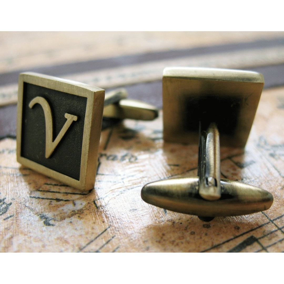 V Initial Cufflinks Antique Brass Square 3-D Letter Vintage English Lettering Cuff Links Groom Father of Bride Wedding Image 3
