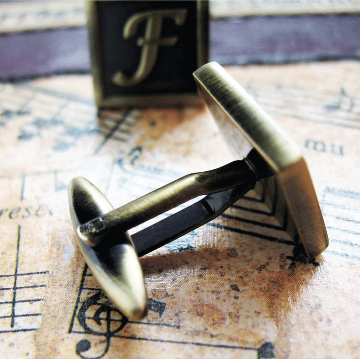 F Initial Cufflinks  Antique Brass Square 3-D Letter F Vintage English Lettering Cuff Links for Groom Father of the Image 3