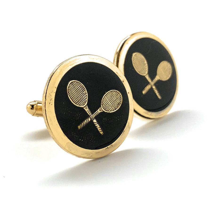 Professional Tennis Racket Cufflinks Round Gold Tone with Black Enamel Ace Serve Classic Retro Vibe Very Cool Cuff Links Image 1
