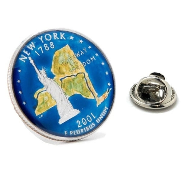 Enamel Pin Hand Painted  York State Quarter Enamel Coin Lapel Pin Tie Tack Collector Pin Travel Souvenir Blue Coin Image 1