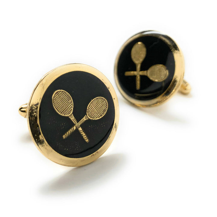 Professional Tennis Racket Cufflinks Round Gold Tone with Black Enamel Ace Serve Classic Retro Vibe Very Cool Cuff Links Image 2