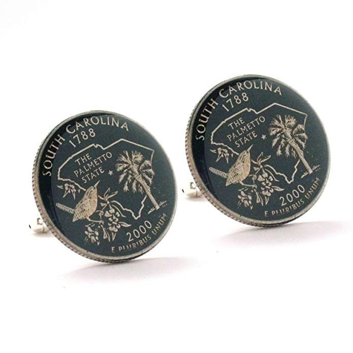 Enamel Cufflinks Hand Painted South Carolina Suit Flag State Enamel Coin Jewelry USA United States America Palmetto Tree Image 1