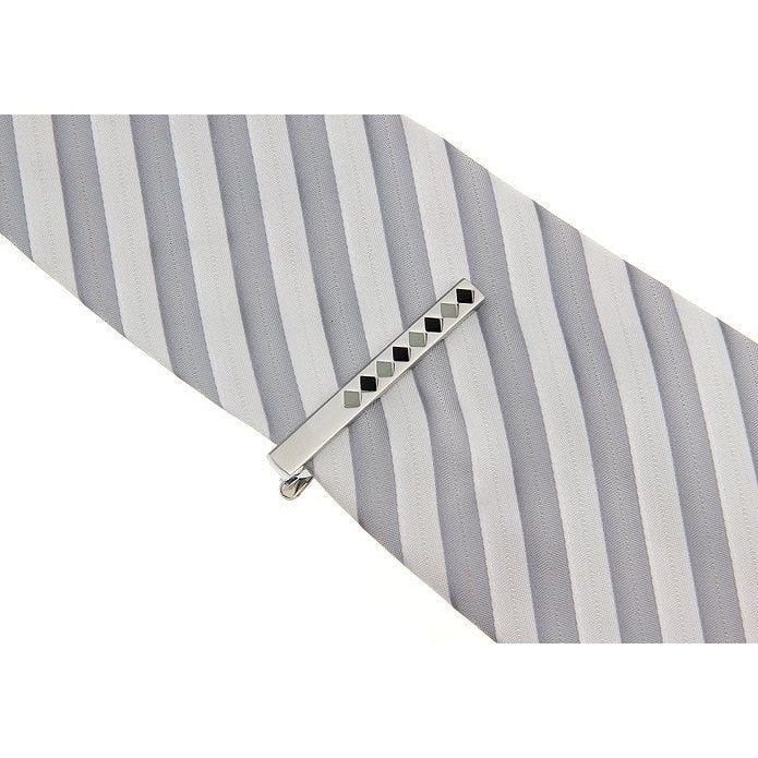 Diamond Pattern Tie Bar Clip Silver Tone Black and Grey Tie Bar Image 2
