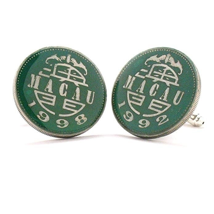 Macau Coin Cufflinks Cuff Links Suit Vintage Jewelry Flag China Gambling Gamble Poker Asia Enamelled Coin Cufflinks Image 1
