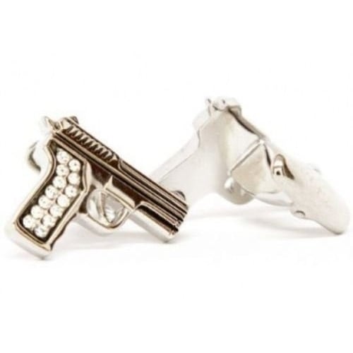 Super Spy Cufflinks Collection Diamonds will be Forever Silver Tone Crystal Grip Guns Cuff Links Comes with Gift Box Image 2