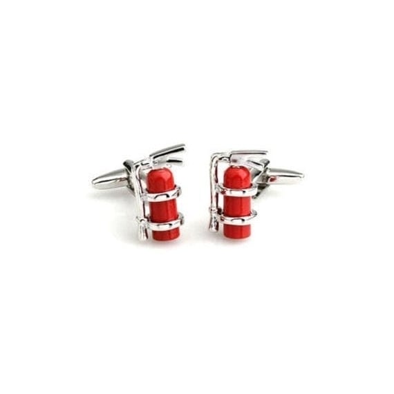 Fire Extinguisher Cufflinks Fireman Silver Tone Red Enamel Cuff Links Comes with Gift Box Image 2