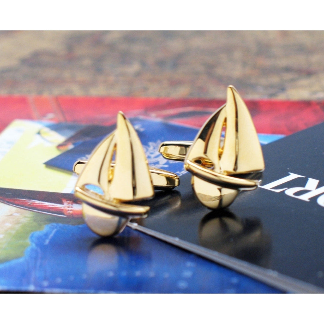 Sailboat Boat Cufflinks Gold Tone Sailing Ocean Cuff Links Image 3