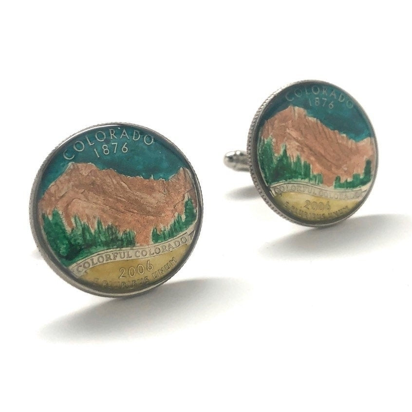 Enamel Cufflinks Hand Painted Colorado State Quarter Mountain Enamel Coin Jewelry Money Green Finance Accountant Cuff Image 1