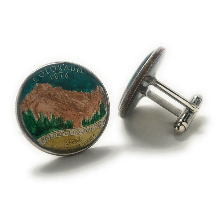 Enamel Cufflinks Hand Painted Colorado State Quarter Mountain Enamel Coin Jewelry Money Green Finance Accountant Cuff Image 2