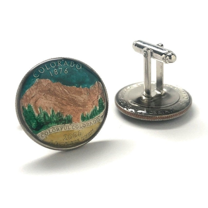 Enamel Cufflinks Hand Painted Colorado State Quarter Mountain Enamel Coin Jewelry Money Green Finance Accountant Cuff Image 3