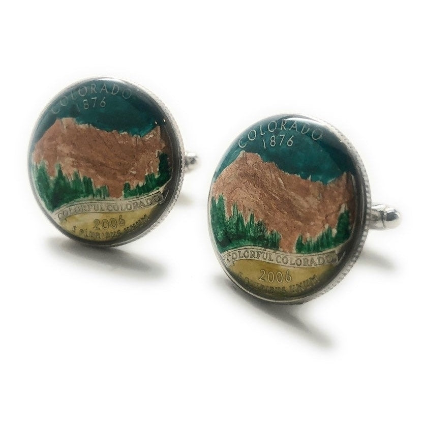 Enamel Cufflinks Hand Painted Colorado State Quarter Mountain Enamel Coin Jewelry Money Green Finance Accountant Cuff Image 4