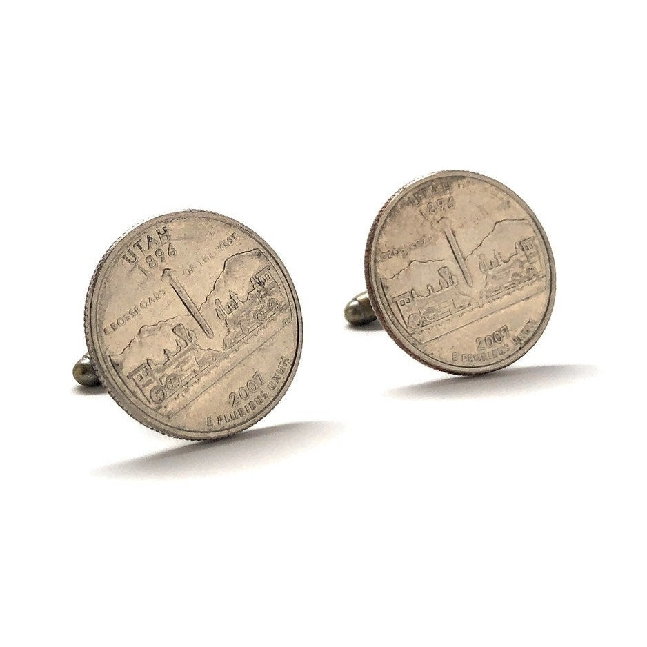 Enamel Cufflinks Utah State Quarter Coin Jewelry USA United States America Train Railroad Salt Lake City SLC Mormon Image 1