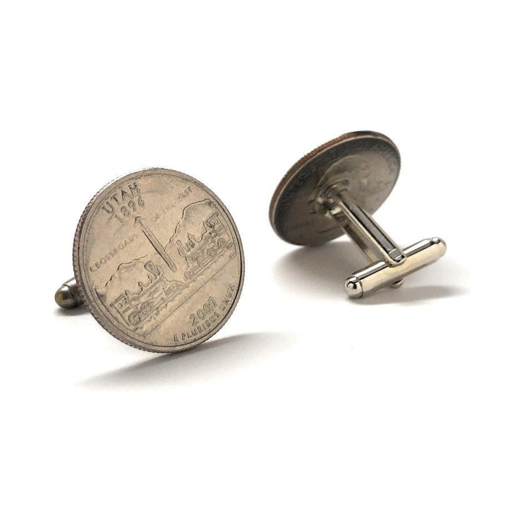 Enamel Cufflinks Utah State Quarter Coin Jewelry USA United States America Train Railroad Salt Lake City SLC Mormon Image 3