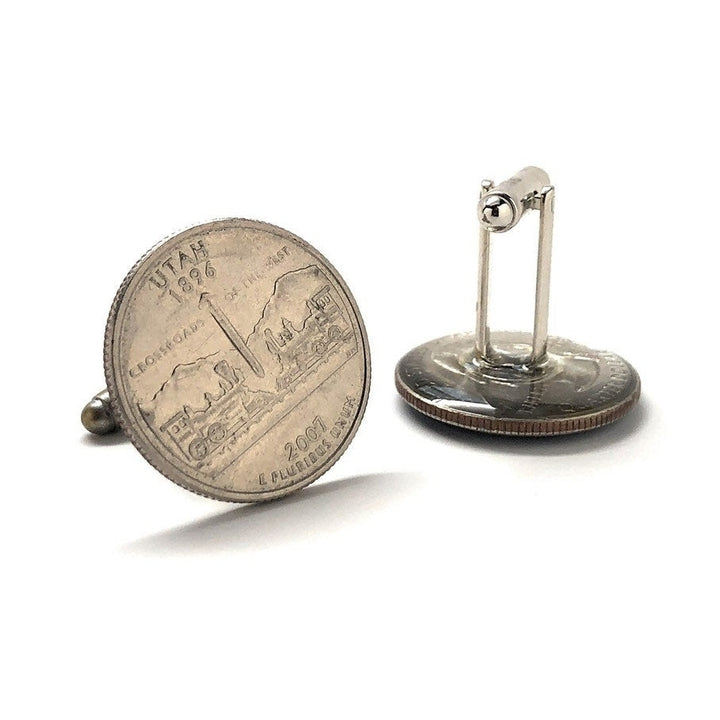 Enamel Cufflinks Utah State Quarter Coin Jewelry USA United States America Train Railroad Salt Lake City SLC Mormon Image 4