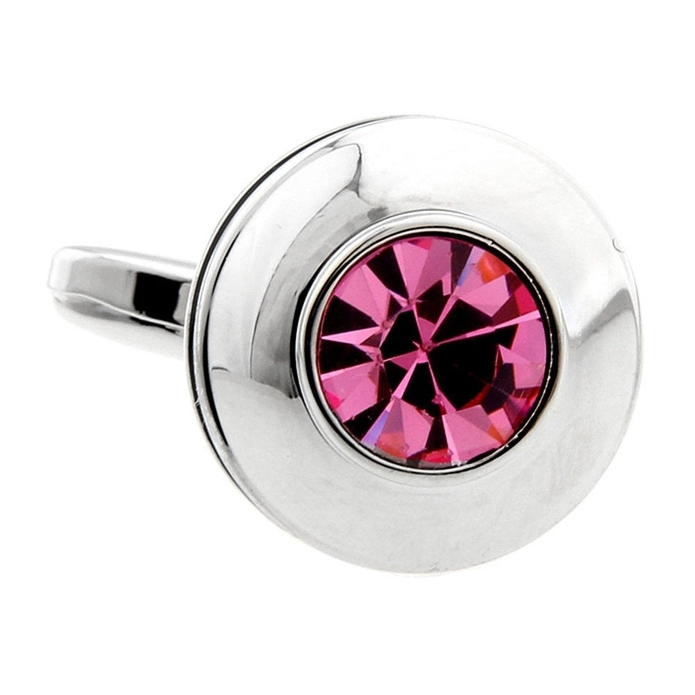 Rose Pink Crystal Dome Cufflinks Silver Tone with Black Enamel Band Saucer Cut Design The Love Magnet Cool Cuff Links Image 3