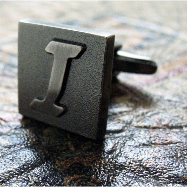 I Initial Cufflinks Gunmetal Square 3-D Letter Vintage English Lettering Personalized Cuff Links Groom Father of the Image 1