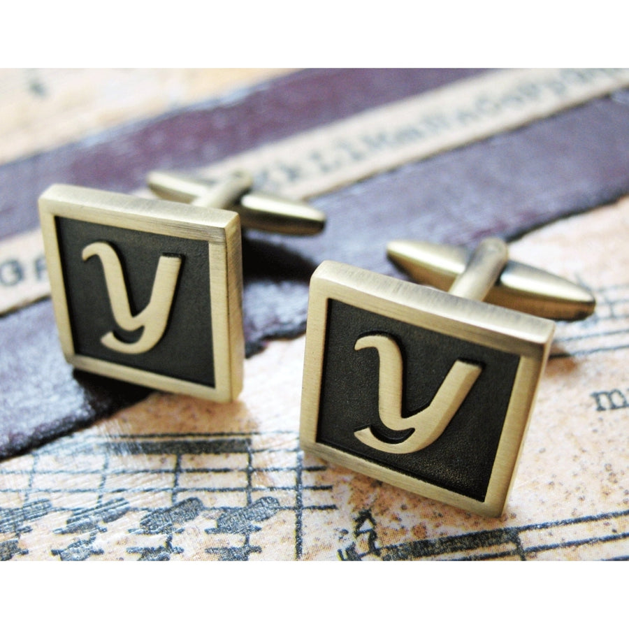 Y Initial Cufflinks Antique Brass Square 3-D Letter Y Vintage English Lettering Cuff Links for Groom Father of the Bride Image 1