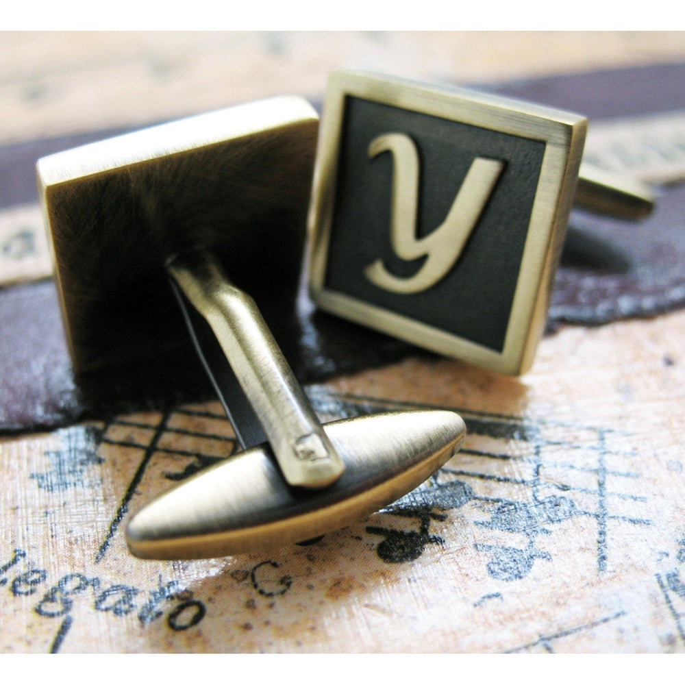 Y Initial Cufflinks Antique Brass Square 3-D Letter Y Vintage English Lettering Cuff Links for Groom Father of the Bride Image 2