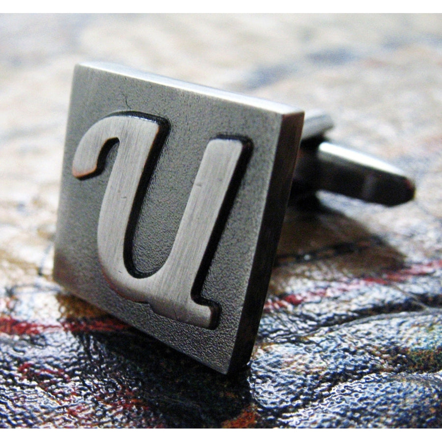 U Initial Cufflinks Gunmetal Square 3-D Letter U Lettering Vintage English Gunmetal Cuff Links Initials Groom  Box Image 1