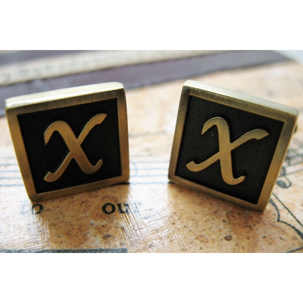 X Initial Cufflinks Antique Brass Square 3-D Letter X Vintage English Cuff Links for Groom Father of the Bride Wedding Image 2