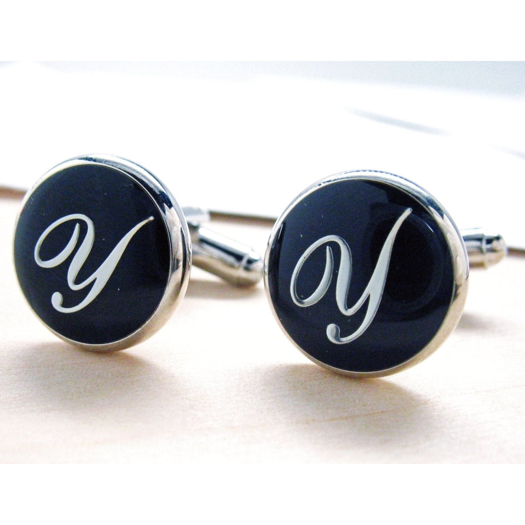 Y Cufflinks Silver Round Black Enamel Script Letters Initials Vintage Cuff Links for Groom Father of the Bride Wedding Image 1