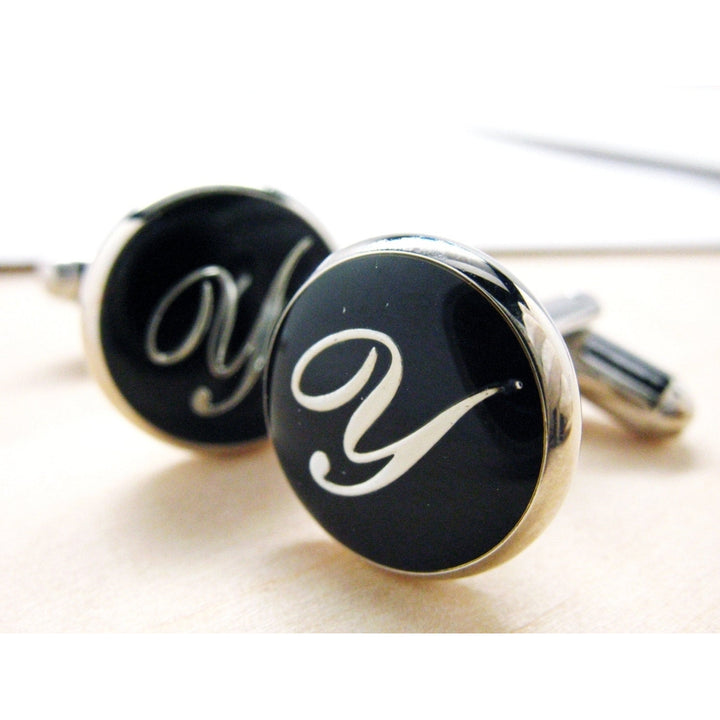 Y Cufflinks Silver Round Black Enamel Script Letters Initials Vintage Cuff Links for Groom Father of the Bride Wedding Image 2