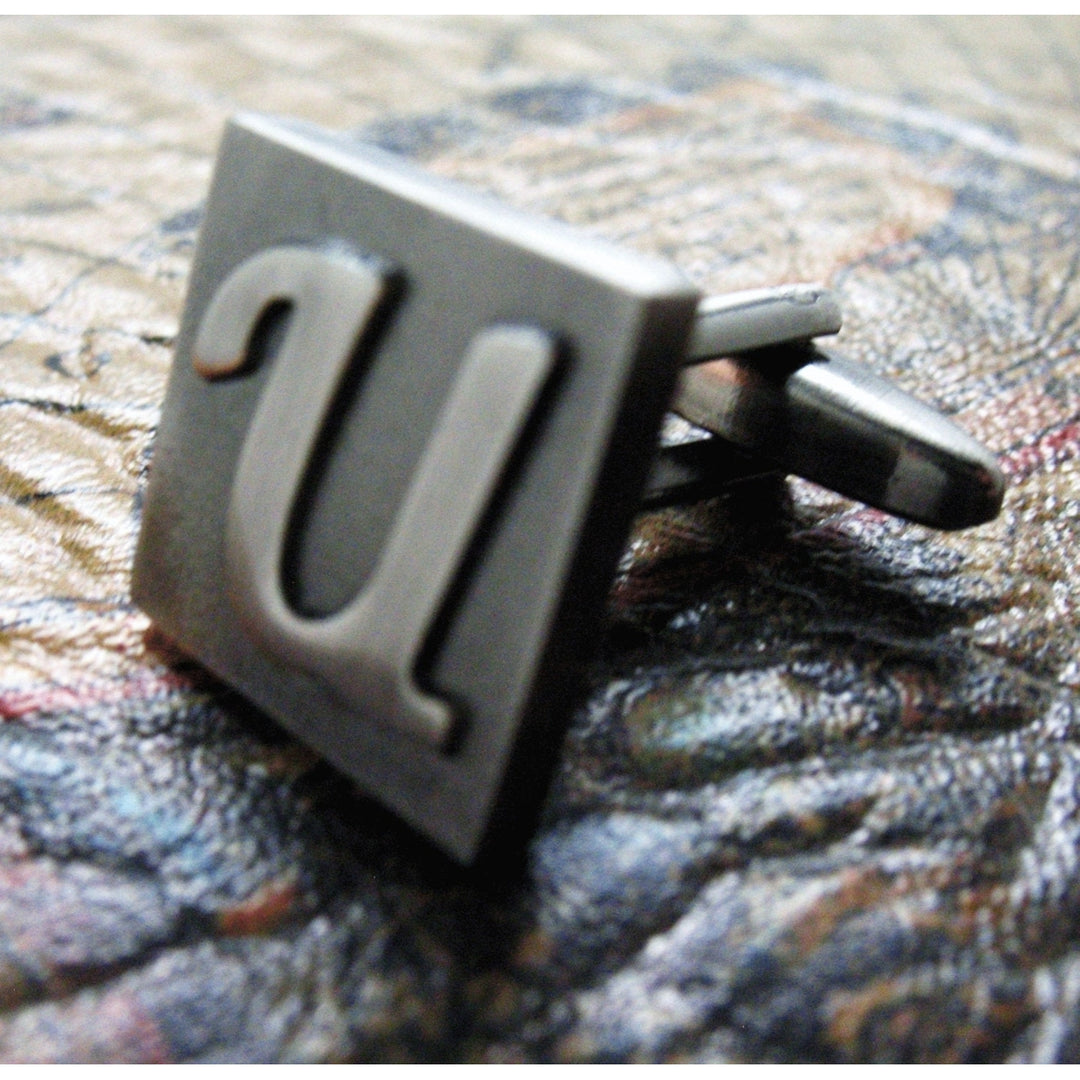 U Initial Cufflinks Gunmetal Square 3-D Letter U Lettering Vintage English Gunmetal Cuff Links Initials Groom  Box Image 4