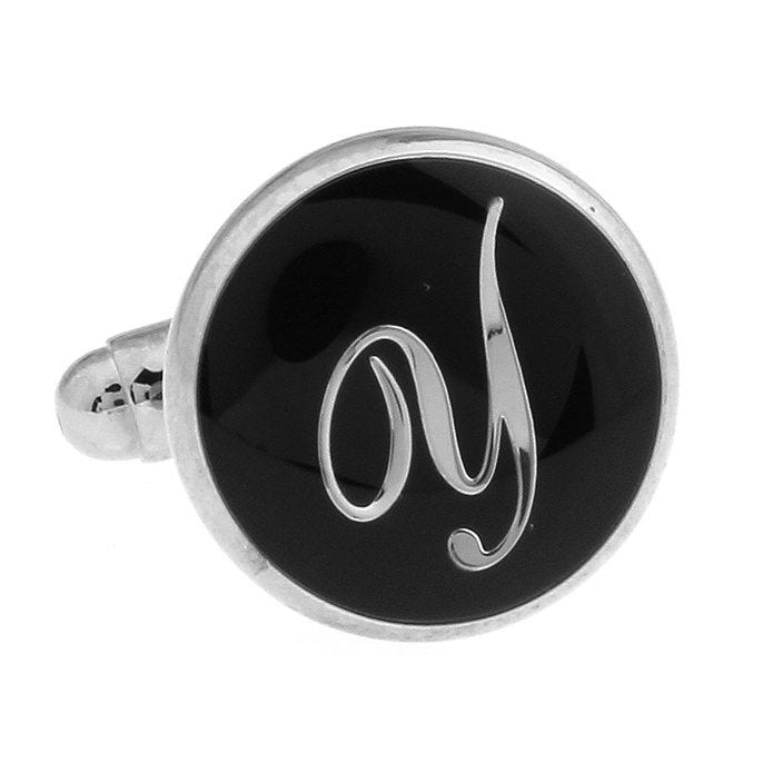Y Cufflinks Silver Round Black Enamel Script Letters Initials Vintage Cuff Links for Groom Father of the Bride Wedding Image 4