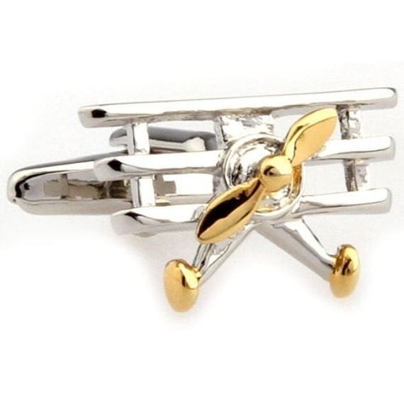 Silver Gold Tri Plane Novelty Cufflinks Cuff Links Airplane Pilot Air Force Image 1