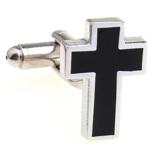 Silver with Black Simple Cross Religious Cross Cufflinks Cuff Links Image 1