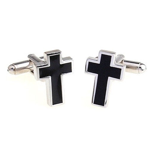 Silver with  Black Simple Cross Religious Cross Cufflinks Cuff Links Image 2
